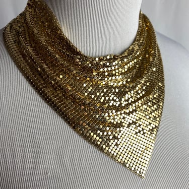 70’s-80’s Gold mesh bibbed necklace ~ W & D inspired  true vintage Disco glam choker chain  collar glossy shiny sparkly shimmery 