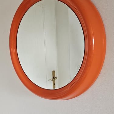 Vintage 1970s Orange Plastic Space Age Round Mirror/ Pop Art Decor/ Exra Special MCM Wall Mirror/ XL Mid Century Modern Plastic Mirror/ MCM 