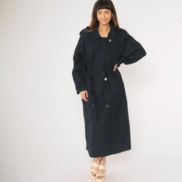 Vintage Black Trench Coat 90s Double Breasted Utility Jacket Long Maxi Button Up Belted Collared 1990s Liz Claiborne Oversize Large L 