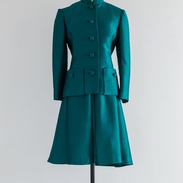 Elegant 1960's Peacock Green Silk Dress &amp; Jacket Set By Harmay / ML