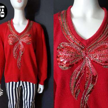 Sweet Vintage 80s 90s Red Beaded Sequin Bow Sweater 
