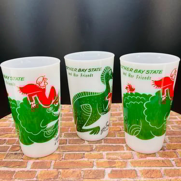 Vintage Milk Glass Sinclair Oil Green Dinosaur Mother Bay State Hazel Atlas Promotional Tumbler Glasses - Sold Individually! 