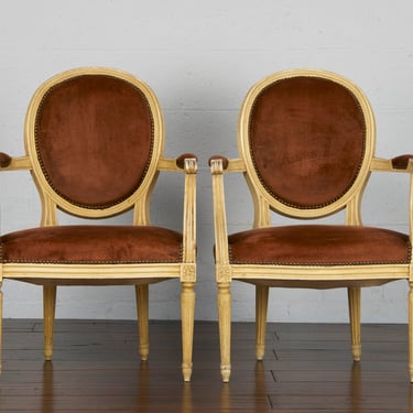 Antique French Louis XVI Provincial Brown Velvet Painted Armchairs - A Pair 