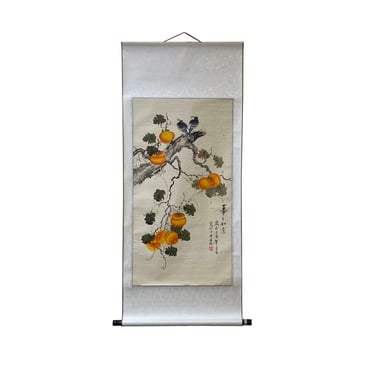 Chinese Color Ink Birds Persimmon Flower on Tree Scroll Painting Wall Art ws2010E 