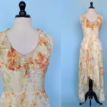 Vintage 90s Bob Mackie Evening Gown, 1990s Floral Beaded Hi Lo Maxi Dress, Bob Mackie Silk Chiffon Halter Gown 