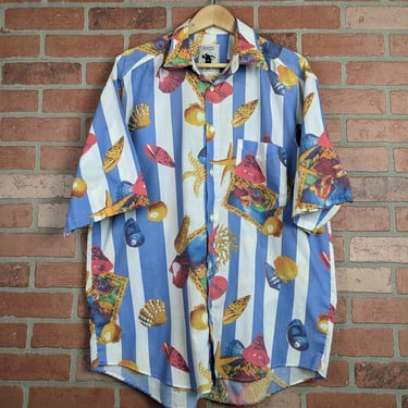 Vintage 90s Striped Cotton Button Down ORIGINAL Beach Style Shirt - Extra Large 