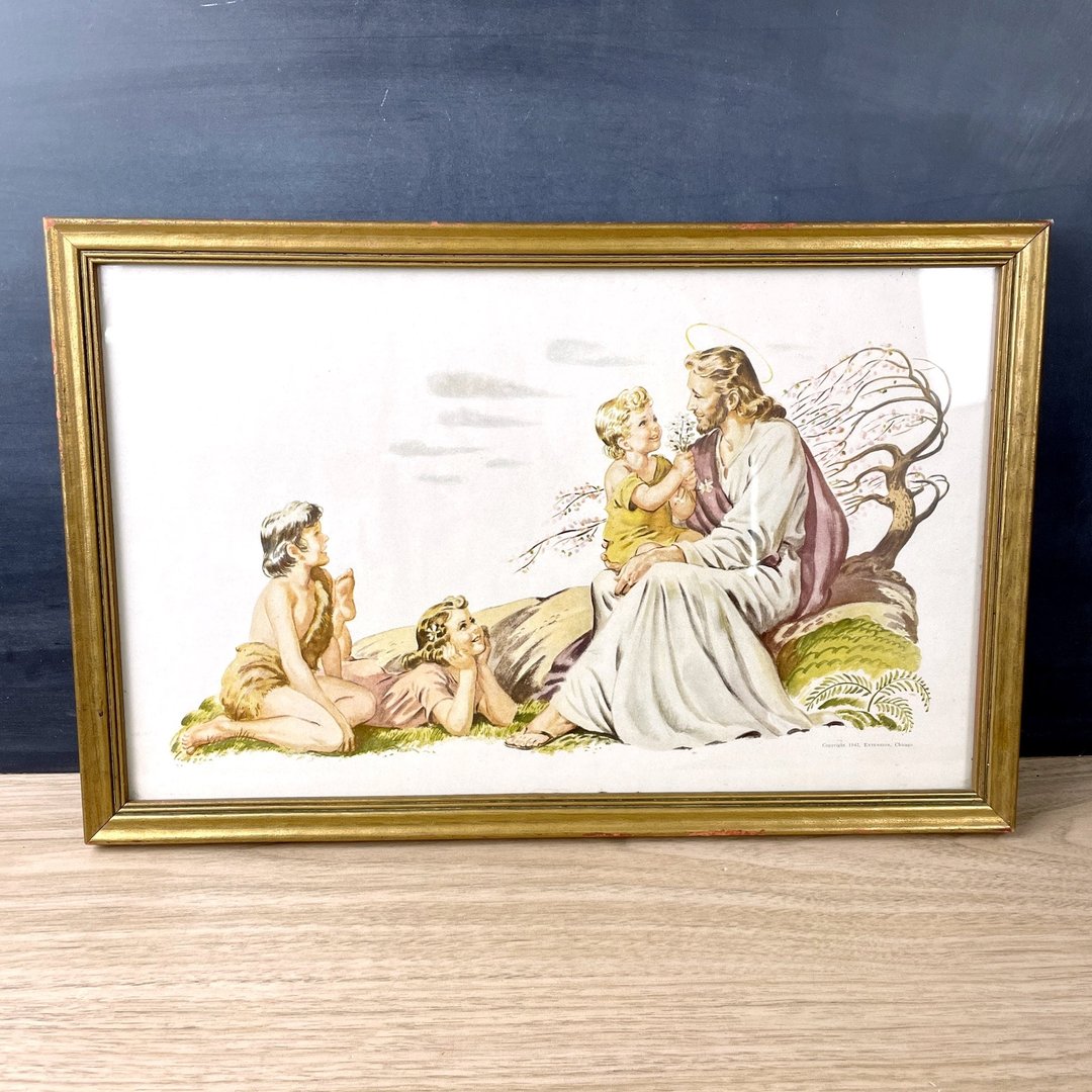 Jesus and children illustration framed 1940s religious art