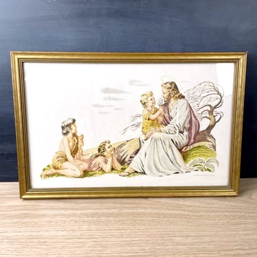 Jesus and children illustration - framed 1940s religious art 