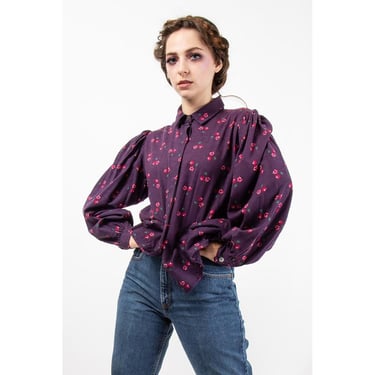 Vintage Laura Ashley cotton blouse / 1980s Plum floral balloon puff sleeve button front / M 
