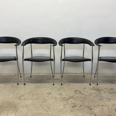 Modern Black Leather and Chome Dining Chairs for Arper, Italy - Set of Four
