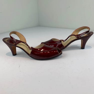 Red Venetian Glass Afternoons - Vintage 1950s 1960s Burgundy Red Patent Leather D'Orsay Slingback Shoes Heels - 7.5/8 