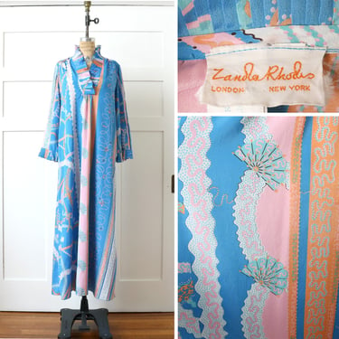 designer vintage 1970s Zandra Rhodes kaftan dress • colorful fan & bow print gown with dramatic pleated ruffle collar 