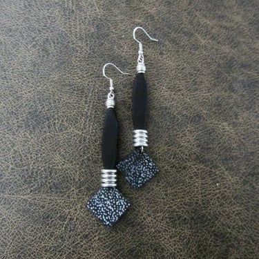 African print Ankara earrings, bold statement earrings, Afrocentric batik patterned fabric earrings, black 