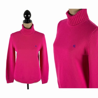 90s Y2K Turtleneck Sweater Medium, Fuchsia Raspberry Bright Pink, Cotton Knit Casual Clothes, Women Vintage Ralph Lauren 