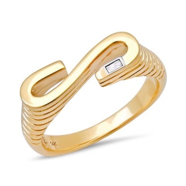 Ribbed Chunky Initial Ring with Diamond Baguette (By Special Order)