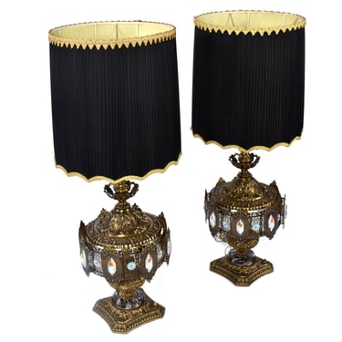 Pair of Loevsky Brutalist Hollywood Regency Baroque Stamped Metal Jeweled Lamps 
