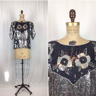 Vintage 80s top | Vintage silver black floral sequin top | 1980s Anjumun evening top 