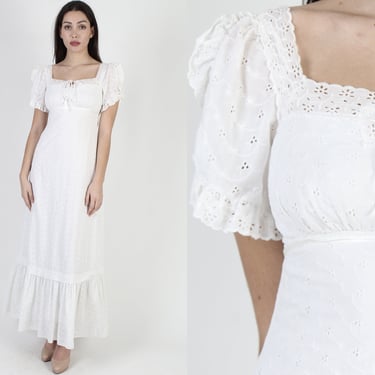1970s Quaint Eyelet Lace Dress, Plain Garden Wedding Bridal Gown, Elegant Party Split Sleeve Maxi Dress 