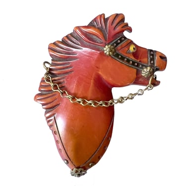 Bakelite Horse Head Brooch with Glass Eye and Brass Chain Rein, Figural Brooch, Equestrian Jewelry, Ranch Wear, Cowgirl, Gift For Her 
