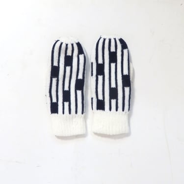 Vintage 60s/70s Mod Abstract Print Navy Blue And White Knit Mittens Size M 