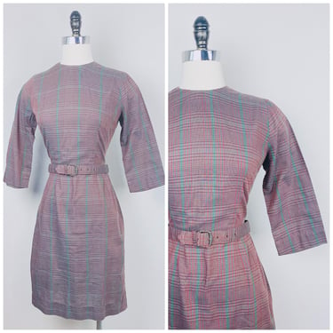 1960s Vintage Grey Plaid Wiggle Dress / 60s / Sixties Belted Red / Green Day Dress / Size Small - Medium 
