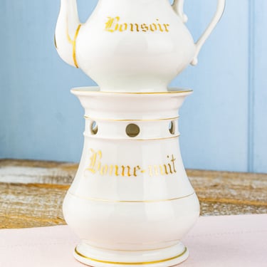 Antique "Bonsoir & Bonne Nuit" Teapot with Warming Stand