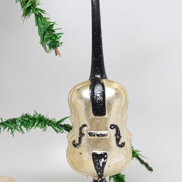 Antique 1930's Mercury Glass Hand Painted Bass Fiddle, Vintage Christmas Tree Ornament 