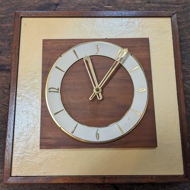 Vintage Mid Century Brass and Walnut Plug In Wall Clock