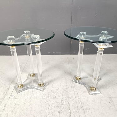 Pair of lucite brass and glass side tables, 1980s - brass side tables - glass coffee tables - regency coffee tables 