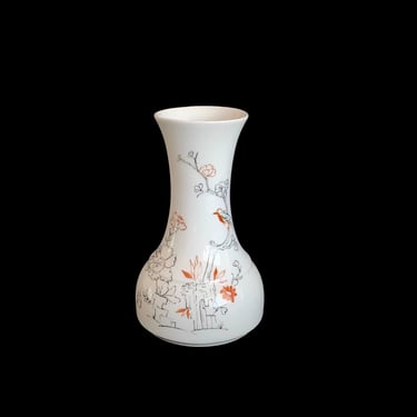 Vintage Mid Century Modern THOMAS Porcelain Vase 6.25" Tall Tapio Wirkkala Design with Tree, Bird, Flowers ROSENTHAL Modernist Design 