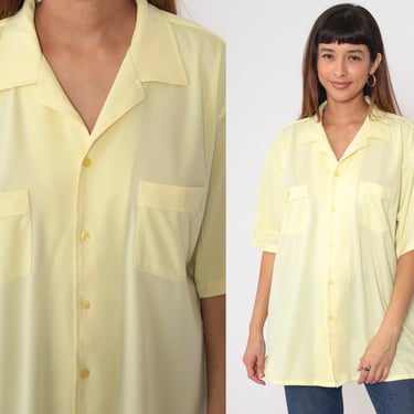 80s Button Up Shirt Yellow Shirt Retro Collared Top Chest Pocket Short Sleeve Plain Vintage 1980s Men's Extra Large xl 