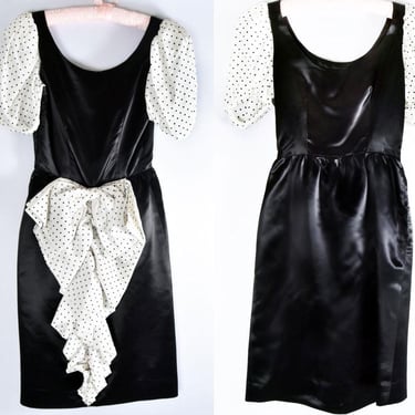 40's Black Satin Wiggle Dress 1940's, 1950's Vintage Black & White Polka Dot Back Bow, size Small Rockabilly Mid Century 