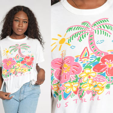 Australia T-shirt 90s Tropical T Shirt Floral Palm Tree Sailboat Sun Island Graphic Tee Flower Top Single Stitch White Vintage 1990s Large L 