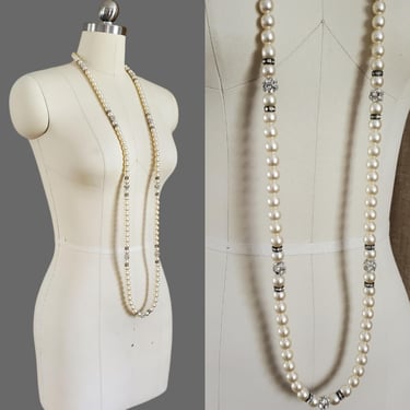 1970s Long Faux Pearl Necklace with Sparkly Rhinestone Accents - 70s does 20s Jewelry - 70s Accessories 