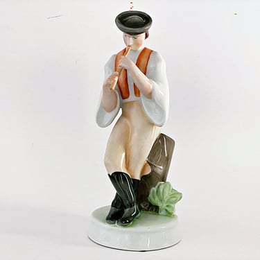 Vintage Hungarian porcelain figurine, 10" Zsolnay figurine, Boy in folk costume, Flute player, Hand painted artist signed 