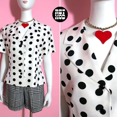 Cute Vintage 90s White & Black Polka Dot Short Sleeve Silk Blazer 