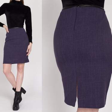 Small 90s Purple Faux Leather Trim Mini Skirt 26" | Vintage High Waisted Fitted Pencil Skirt 