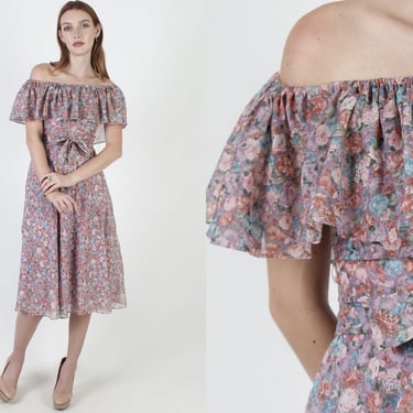 70s Off The Shoulder Garden Floral Prairie Dress With Matching Waist Tie Belt 