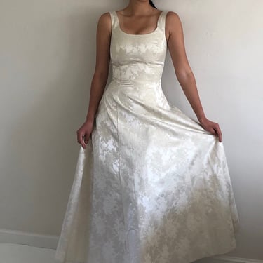 80s Jessica McClintock brocade gown / vintage white brocade Gunne Sax sleeveless bridal cocktail ball gown maxi dress | Small 