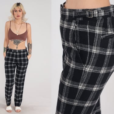 Plaid Pants 90s Black Grey Checkered Trousers Straight Leg Mid Rise Retro Mod Punk Preppy Basic Check Print 1990s Vintage Medium M 30 