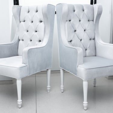 Hollywood Regency Platinum Velvet Wing Chairs, Pair