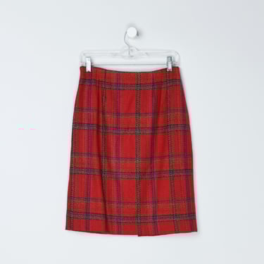 Vintage 90s Red Plaid Buclet Midi Skirt - nineties, wool, knee length, red satin lining - Tag Size 8 / 26