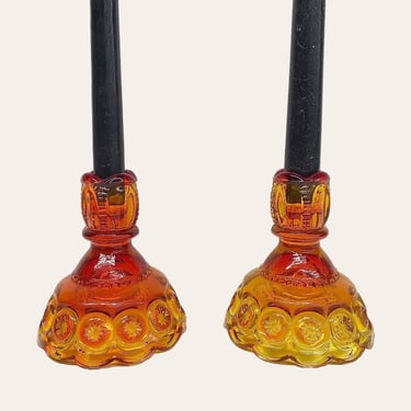 Vintage L.E. Smith Candlestick Holders Retro 1960s Mid Century Modern + Moon & Stars + Amberina + Set of 2 + Candle Display + MCM Home Decor 