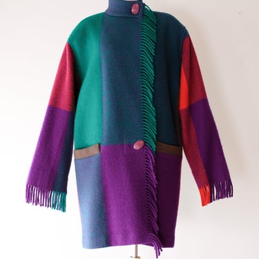 Bold 1980's Jewel-tone Bold Plaid Wool Fringe Cocoon Coat / Sz L