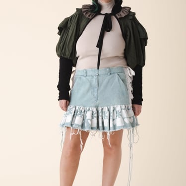 Cloe Painted Check Mini Skirt with Corseted Side Seams (White on Light Denim)