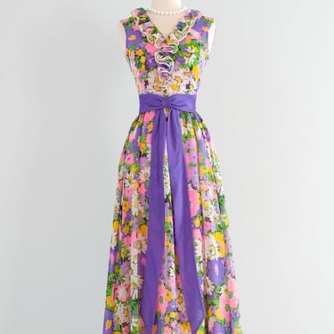 Vintage 1970's Flower Power Violet Floral Maxi Gown / Small