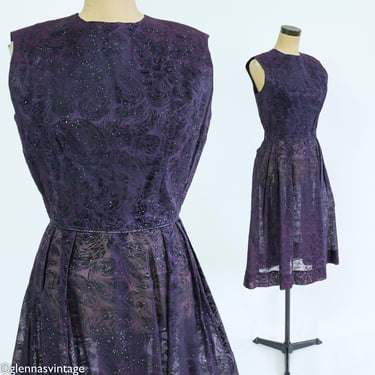 1950s Purple Black Glitter Party Dress | 50s Purple Sleeveless Dress | Medium 