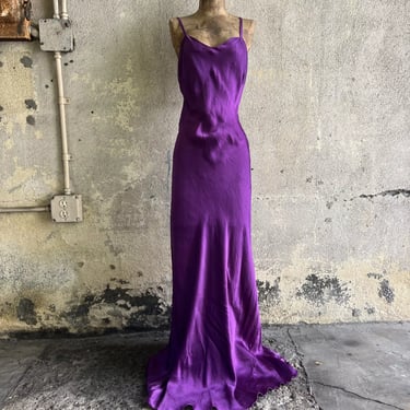 Vintage 1930s Purple Silk Satin Dress Low Back Harlow Maxi Gown Bias Cut Deco
