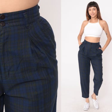 Tapered Plaid Trousers 80s Pleated Pants Blue Charcoal Grey Tartan High Waisted Trousers Checkered 1980s Vintage Palmettos Extra Small xs 