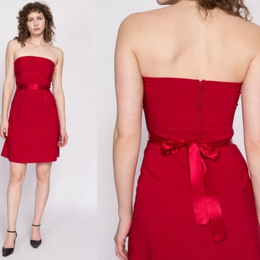 90s Y2K Red Strapless Party Dress Small | Vintage Satin Bow Trim Formal Mini Dress 